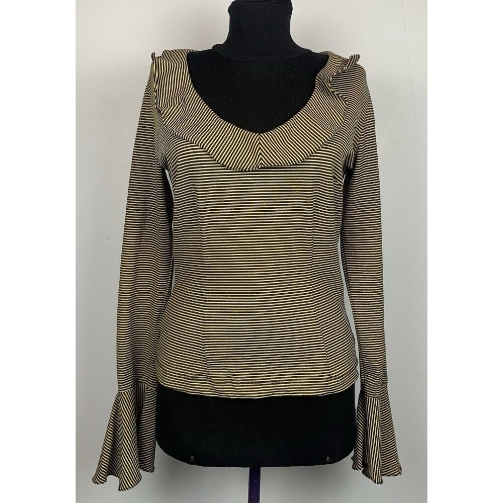 BARAMI Women's Gold/Black Striped Blouse Ruffle Collar Bell Sleeve Size 1